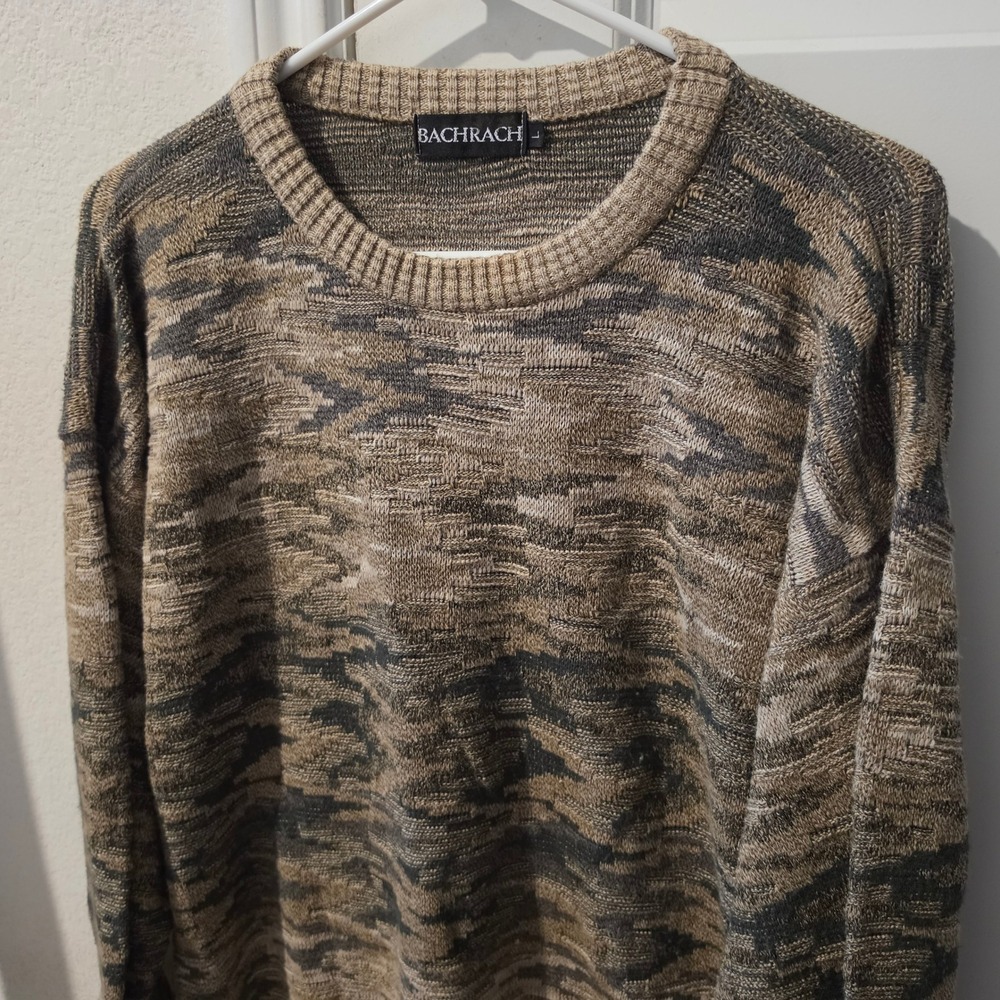 Bachrach Mens Vintage 90s Abstract Knit Crewneck Sweater Brown Gray USA Large